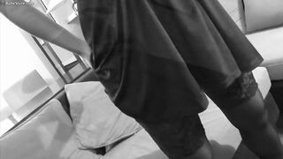 Natalie clad up in ebony underware gets a creampie finish