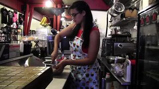 Obscene lesbo hits on her youthful colleague in a fast food diner