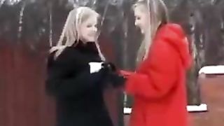 Cute blonde lesbian girls playing on the bed
