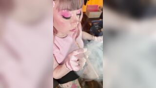 A Pink Princess! Tina Snua Smokes A Cigarette In A Holder - Smokin' Cute Wig Gloves Smoker