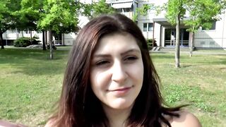 Pleasant large breasts brunette hair sprayed on her bazookas