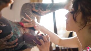 TwoTattooed Lesbo Anal Gape and Squirt and Large Toy