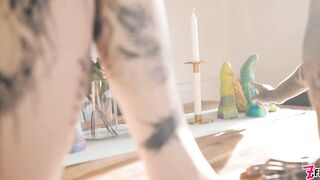 TwoTattooed Lesbo Anal Gape and Squirt and Large Toy