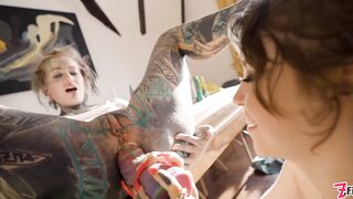 TwoTattooed Lesbo Anal Gape and Squirt and Large Toy