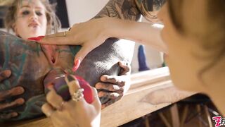 TwoTattooed Lesbo Anal Gape and Squirt and Large Toy