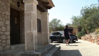 Glamorous and hawt golden-haired does fellatio and rides on massive wang outdoor