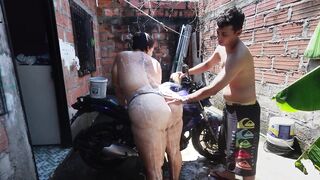 The neighbour washes my motorcycle so this chab can have sex with me afterward.