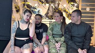 A pair of police officers came to our abode and ended up having a partner exchange and lots of sex! Juicy cunts, pulsating dicks, sexy and vehement kisses between 'em!