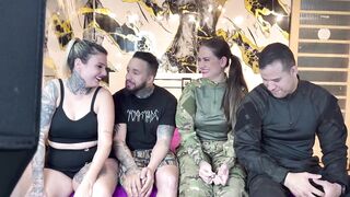 A pair of police officers came to our abode and ended up having a partner exchange and lots of sex! Juicy cunts, pulsating dicks, sexy and vehement kisses between 'em!