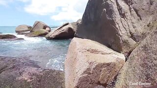 Screwing hard on the exposed beach in the hair with a horny wife, the doxy swallowed all my milk during the time that the cuckold filmed anything