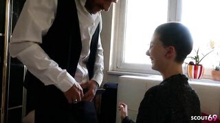 Hairless head Short Hair german Girlfriend Lia Louise with glasses entice Hunk to Bang and facial