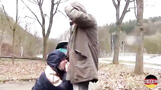 Cute Brunette hair Doesn't Mind Sucking and Banging in the Rain