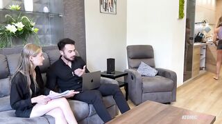 I spy my boyfriend banging his lewd coworker. Mi joins and licks the cum off her cunt