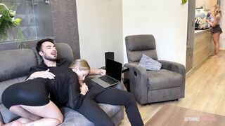 I spy my boyfriend banging his lewd coworker. Mi joins and licks the cum off her cunt