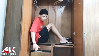 Stepson hides in the closet to spy on his sexy stepmother.