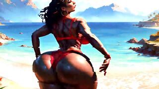 4K 100% AI Generated CG Soft Looping PMV: Darksome-Skinned Thick Booty Gentle Twerk on Tropical Beach in Hawt Bikinis