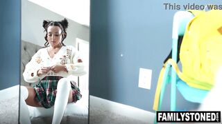 Stepdaughter Sasha Tatcha tricks her stepdad into watchign her masturbate