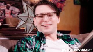 Teen girlfriend Laney Grey craves to give her bf at least a blow job.The small brunette hair gets him hard,sucks his nuts then deepthroat his large dick.