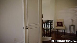 Brunette hair Katie Kush is having her 1st throated scene.Shes teasing the by stripping ifo him.The tiny playgirl sucks his large jock then gets fbutt slamed.