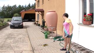 Hot German honey rides large dong in the backyard