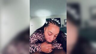 Lightskin black chick sucking ebony ramrod cum in throat