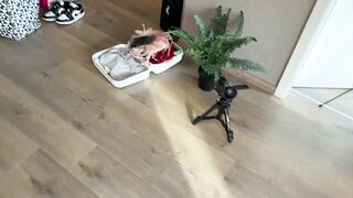 Hot and lustful brunette hair cheerleader college hotty gives a chap tugjob during a petticoat and miniskirt try on haul