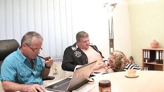 Tattoo German secretary screwed by 2 males in the office