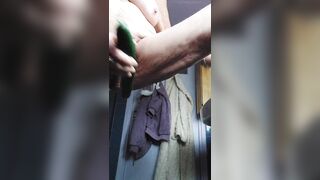 Granny bangs shaggy vagina with cucumber