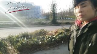 Homo Oriental twink Jon Arteen wanks outdoor winter risky, ruined climax, large jizz flow cleans jizz haunch
