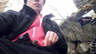 Homo Oriental twink Jon Arteen wanks outdoor winter risky, ruined climax, large jizz flow cleans jizz haunch