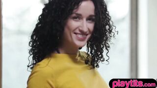 Slim European cutie disrobes and discloses her merry boobs and hairy lil twat