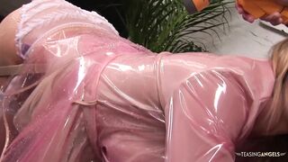 Blond playgirl wears a raincoat whilst getting her snatch smashed