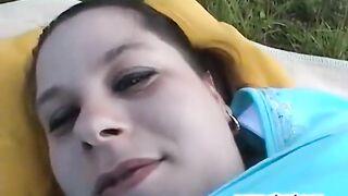 Chunky large boobed bitch sucking and screwing that penis outdoor