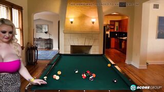 Princess Pumpkins fingers her bushy cunt on a pool table