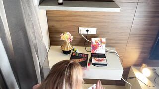 Hot and concupiscent taut cunt college cutie takes denim shorts off to flash snatch lips slides in her sexy underware pants