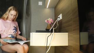 Hot and concupiscent taut cunt college cutie takes denim shorts off to flash snatch lips slides in her sexy underware pants