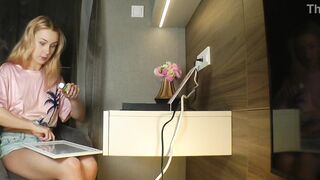 Hot and concupiscent taut cunt college cutie takes denim shorts off to flash snatch lips slides in her sexy underware pants