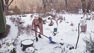 MY Mama Shovels Snow with Her LARGE Boobs Swinging and Wet Booty Out on a Snowy Day