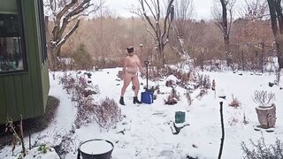 MY Mama Shovels Snow with Her LARGE Boobs Swinging and Wet Booty Out on a Snowy Day