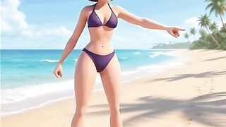 The astounding mama puts on her purple bikini