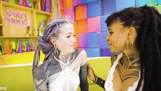 Tattoo Lesbos hard Bang with Belt-on - Squirting and Piddle