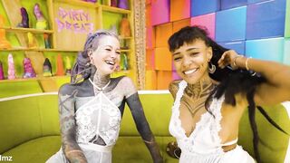 Tattoo Lesbos hard Bang with Belt-on - Squirting and Piddle