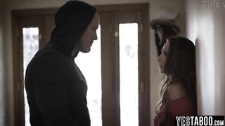 Lewd manipulative guy breaks in to a large titties MILFs abode and bangs her hardcore in there