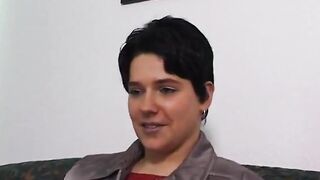 Obese unshaved brunette hair rubs and fingers her snatch at the casting