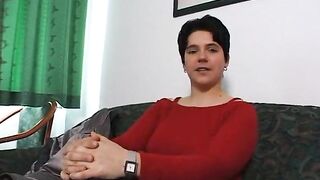 Obese unshaved brunette hair rubs and fingers her snatch at the casting