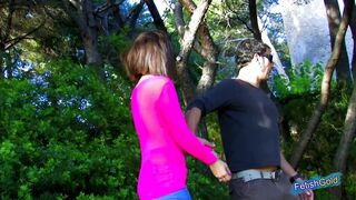 Beautiful brunette hair gets her taut butthole banged hard in the forest