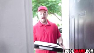 Cuckold spouse sharing wife with pizza male