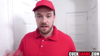 Cuckold spouse sharing wife with pizza male