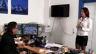 Tattooed redhead hottie gets banged hard in secretary room