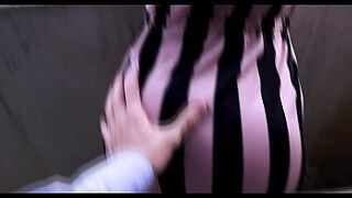 Gal in suit bangs on balcony public